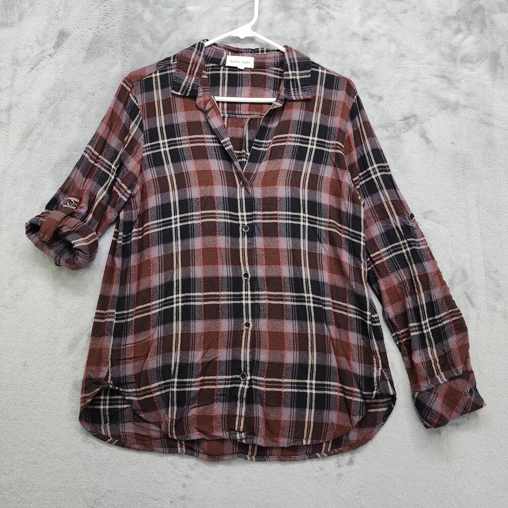 Bella Dahl‎ Top Womens M Red Gray Plaid Wool Blend Button Down Roll Tab Sleeves